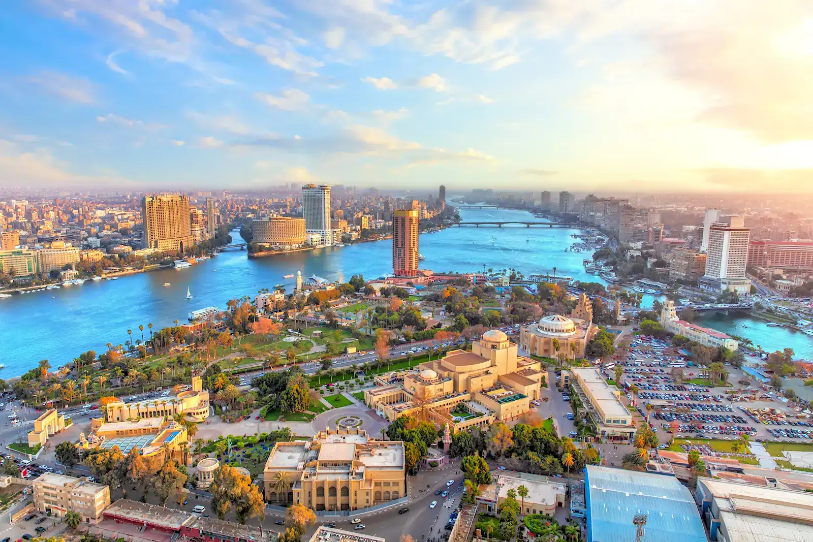 Aerial view of Cairo and the Nile at golden hour